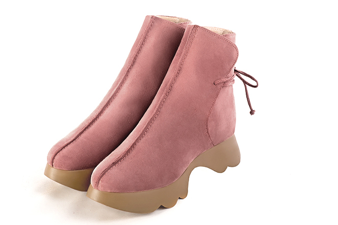 Dusty rose pink women's ankle boots with laces at the back.. Front view - Florence KOOIJMAN